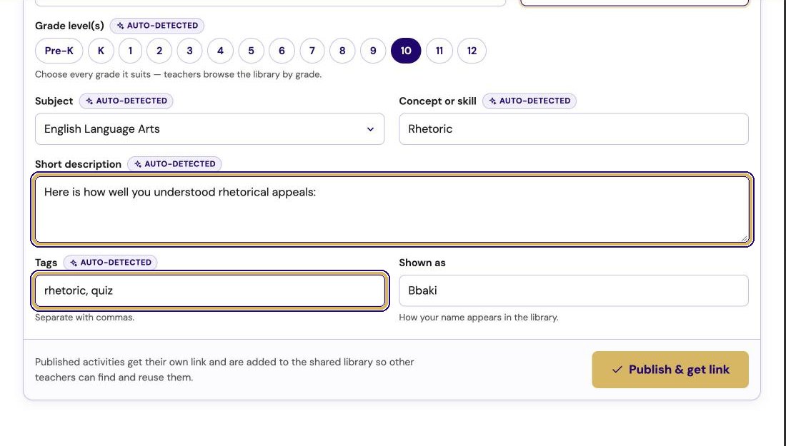 Short description reads Here is how well you understood rhetorical appeals, and tags read rhetoric, quiz, both highlighted