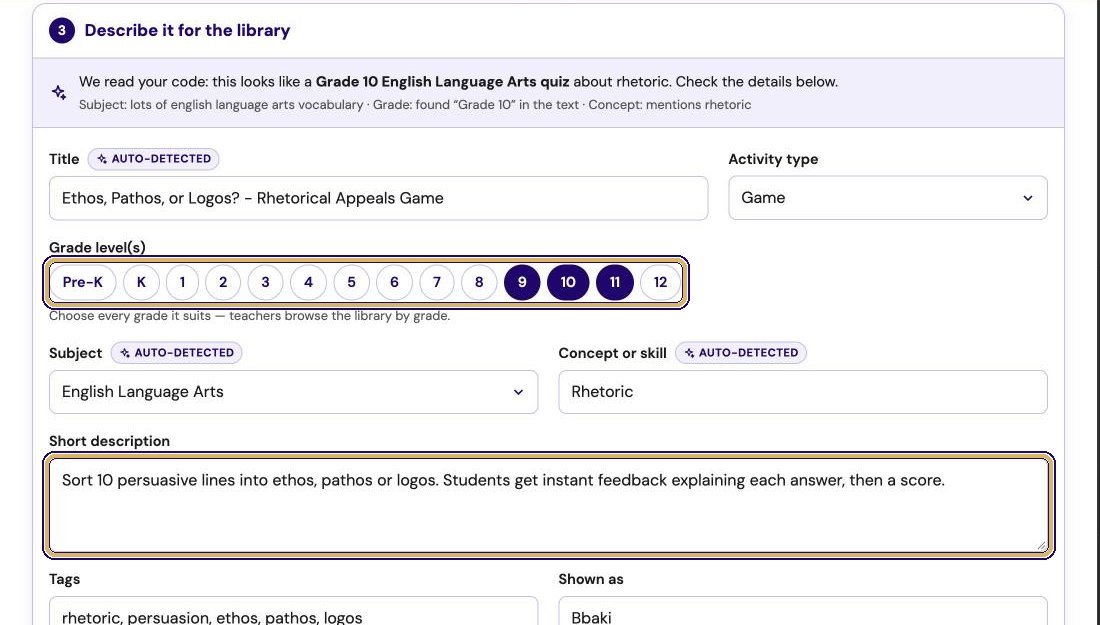 Grades 9, 10 and 11 ticked and a new short description, both highlighted
