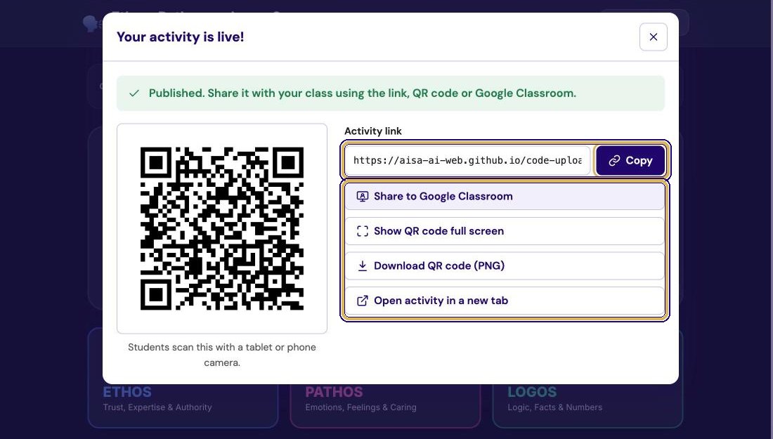 Your activity is live dialog with a QR code, the activity link and Copy button, and buttons to share to Google Classroom, show the QR code full screen, download the QR code and open the activity