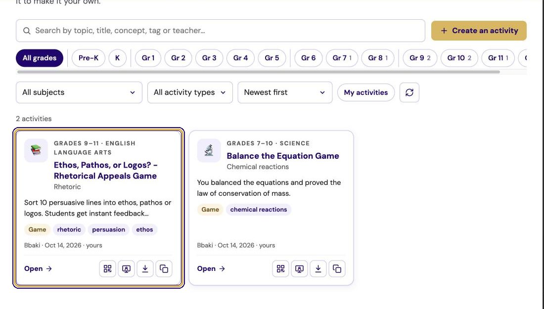 Library with search, grade filters and two activity cards; the Ethos, Pathos or Logos card is highlighted