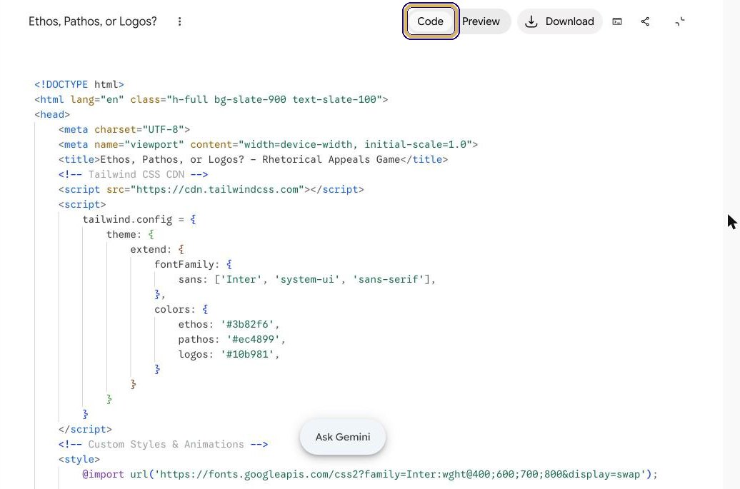 Canvas switched to Code view, with the Code button highlighted