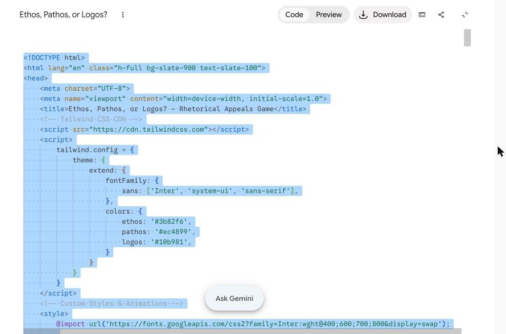 All of the code in Canvas highlighted in blue after Command A